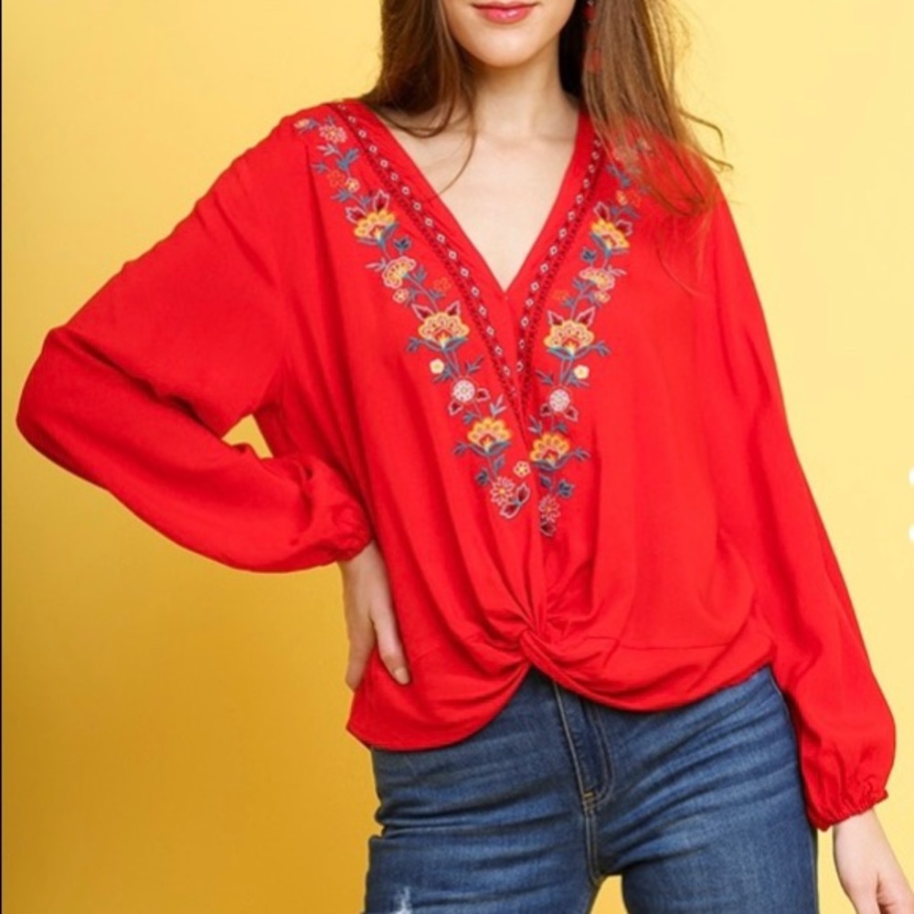 Red floral embroidered top